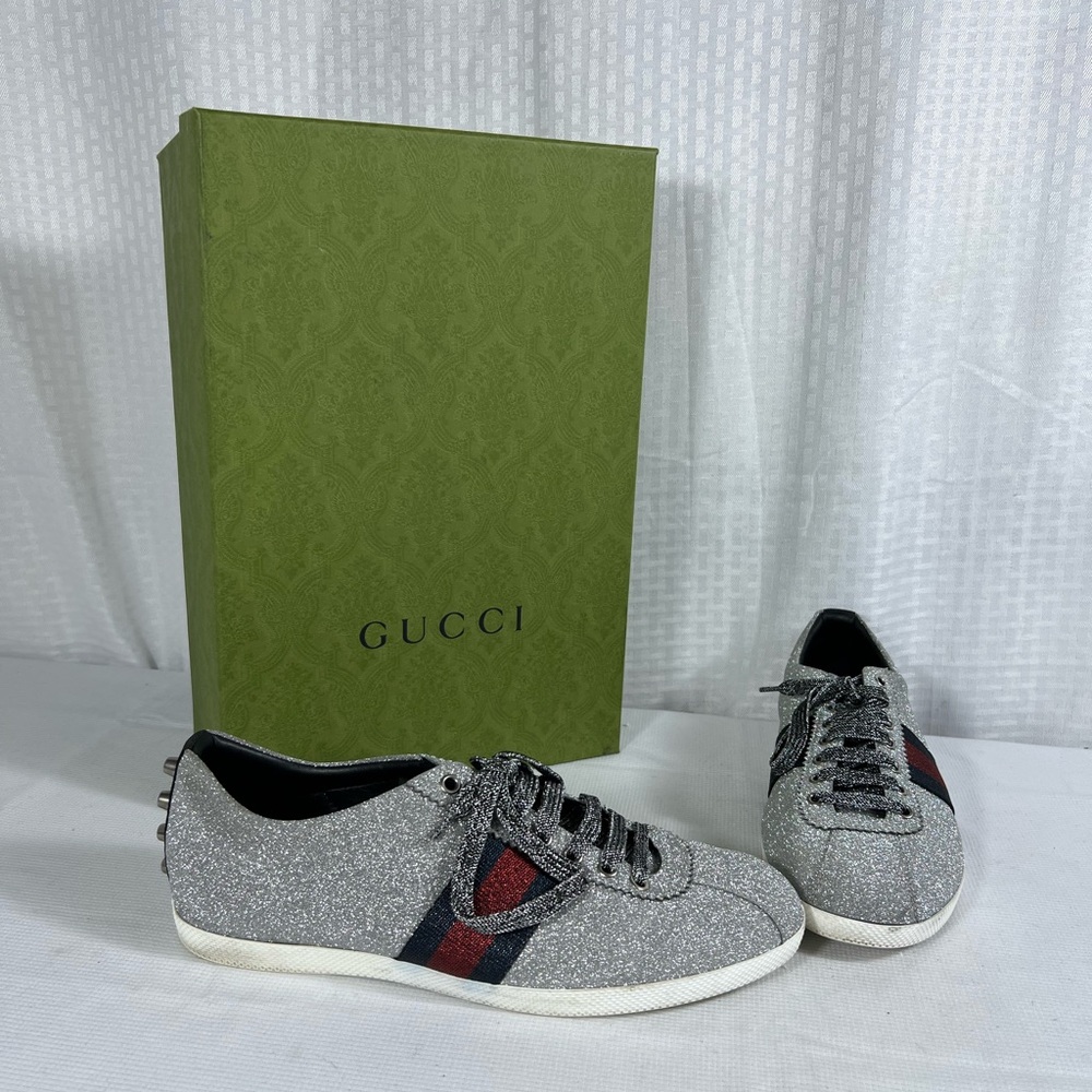 Gucci Glitter Ace Sneakers w/ Web Stripe & Stud Detail – Size 9 – full inclusion - Picture 2 of 13
